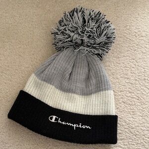 Champion Kids' Black and Gray Beanie with Pom-Pom